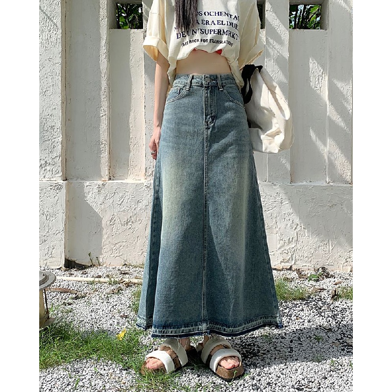 Chân váy jean Dáng Chữ A Lưng Cao Thời Trang Thu Đông 2023 Phong Cách Retro Mới