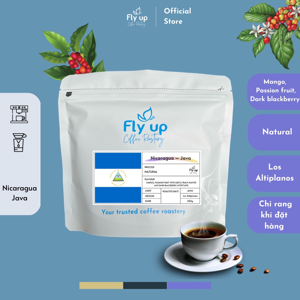 Specialty: Cà phê Espresso Nicaragua Java Natural gói 200g, Cafe Filter/Coldbrew nguyên chất rang mộc từ Fly Up Coffee