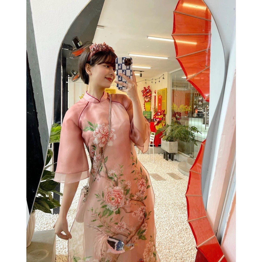 SÉT ÁO DÀI TRUYỀN THỐNG,ÁO DÀI CAO CẤP VOON TƠ 4 TÀ IN HỌA TIẾT CHIM CÔNG VIỀN ĐÔ SANG TRỌNG QUÝ PHÁI