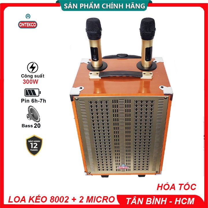 Loa kéo Ontekco 8002 kết nối blutooth di động Kèm 2 mic hát karaoke không dây cao cấp - Bảo hành chính hãng 12 tháng