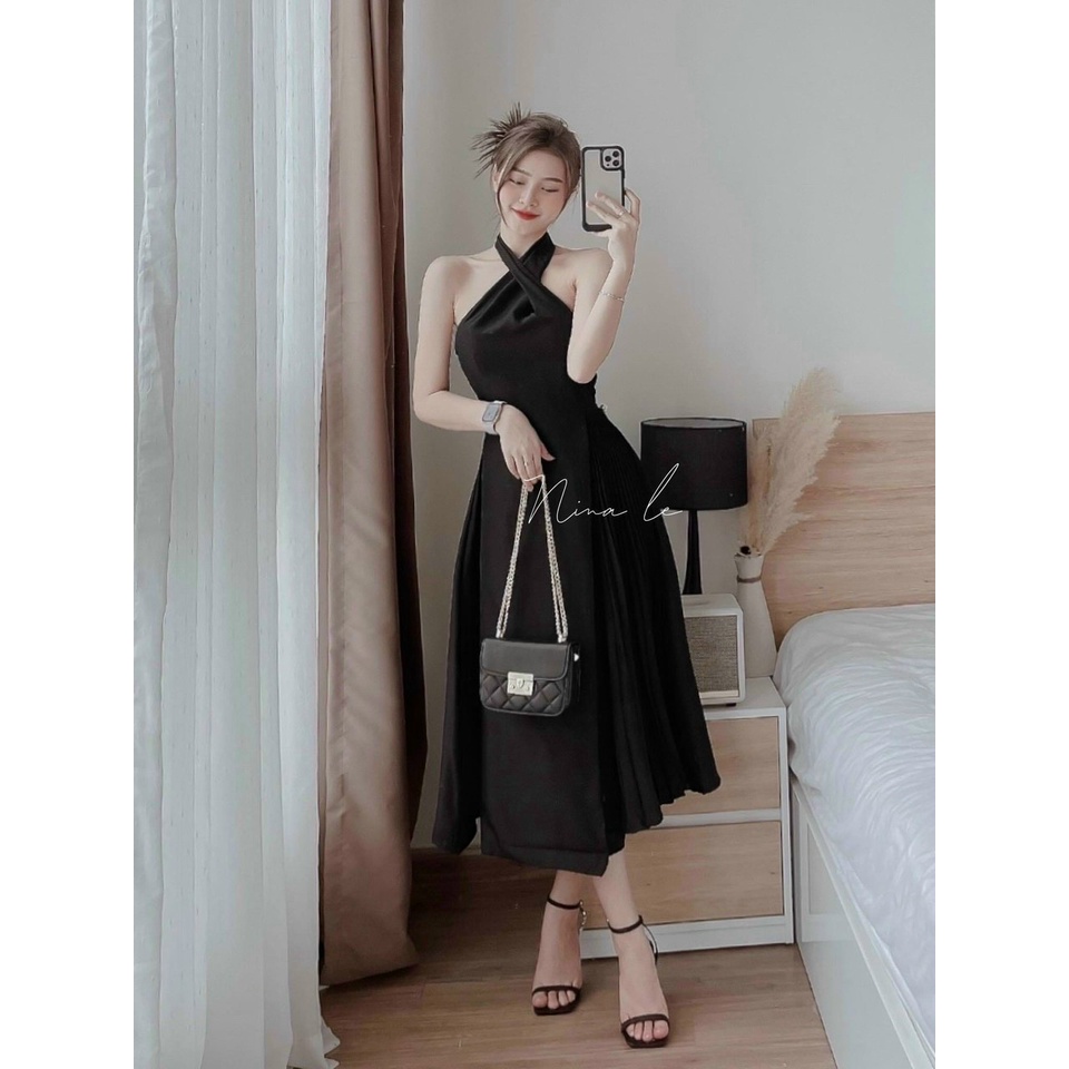 đầm váy nữ thiết kế kiểu cổ yếm xinh xắn dự tiệc,dạ hội dáng xòe chất coton lạnh cao cấp MyMy store