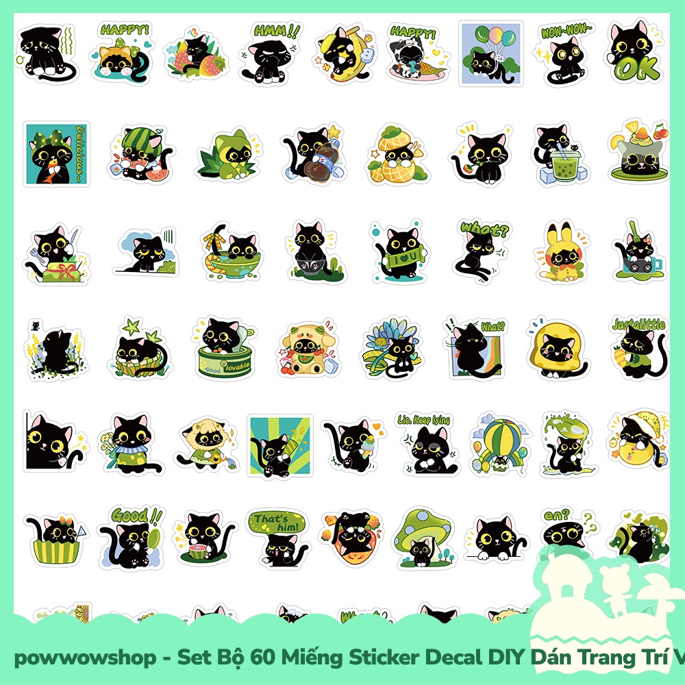 [Sẵn VN - Hỏa Tốc] Set Bộ 50/60 Miếng Sticker DIY Chống Thấm Nước Dán Trang Trí Vật Dụng Phong Cách Hoạt Hình Green Cat