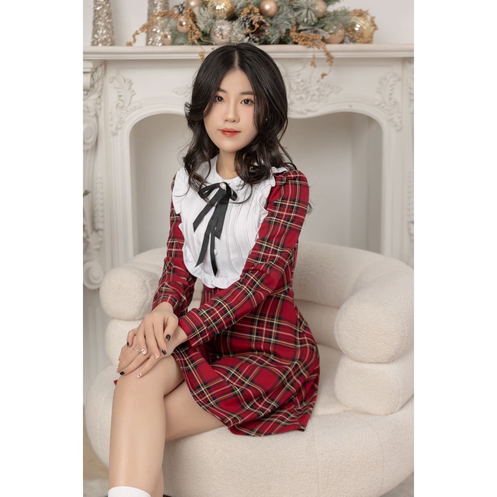 Váy barbie kẻ caro đỏ phối vải trắng thô mềm tiểu thư - Barbie Dress phiên bản giáng sinh