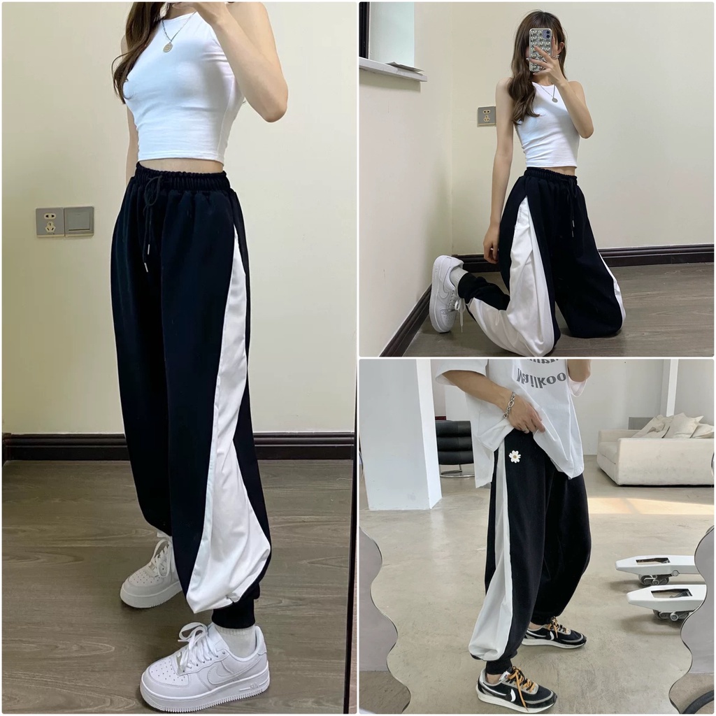Quần jogger kiểu phối lé, hình thêu tặng kèm tag bông hoa, from rộng, chất da cá tàu