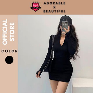 [Ảnh Thật] B6.4 Đầm Body Tay Dài Dây Kéo Đen Thun Gân, Váy Ôm Body Dài Tay Basic Phong Cách Ulzzang [AdorablexBeautiful]