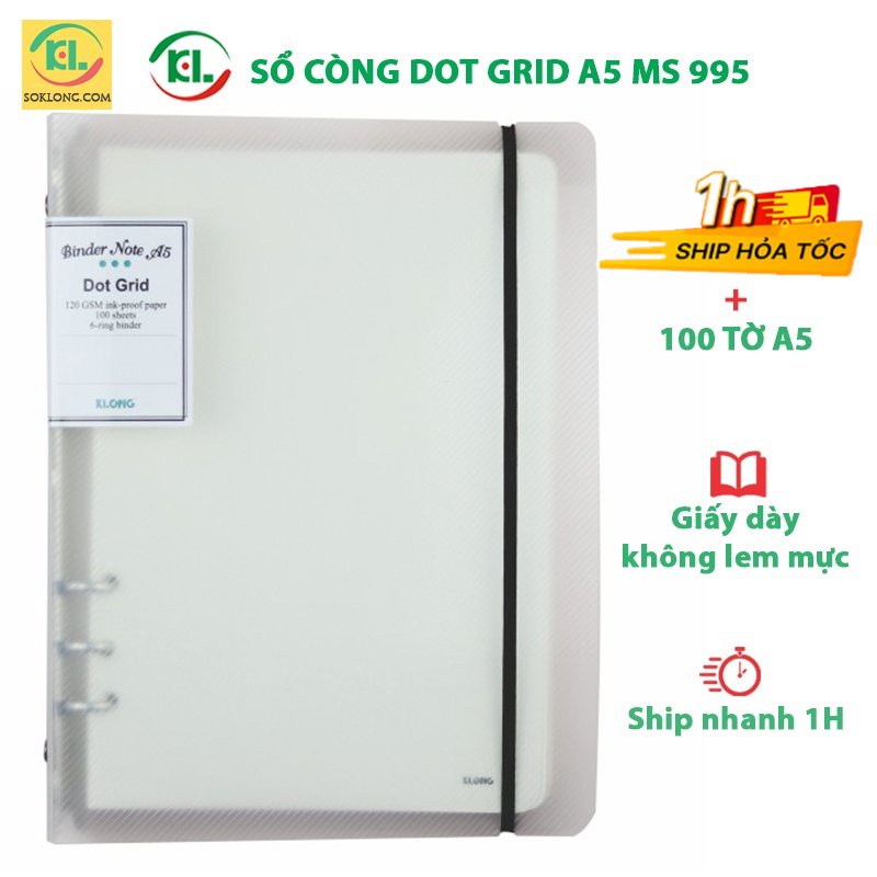  Sổ còng A5 bìa nhựa ruột chấm Dot grid 100 tờ dày dặn KLong-MS995 gồm kẹp còng + ruột sổ SOKLONG