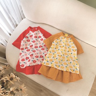Áo Dài Cách Tân Chất Xốp Nhăn 2 Màu Hoa Nhí Op Kids