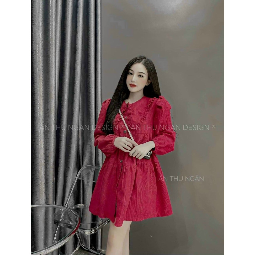 Đầm thời trang nữ mặc đi chơi chất tăm nhung cổ bèo tiểu thư tay dài dáng váy babydol xoè dễ thương sang chảnh