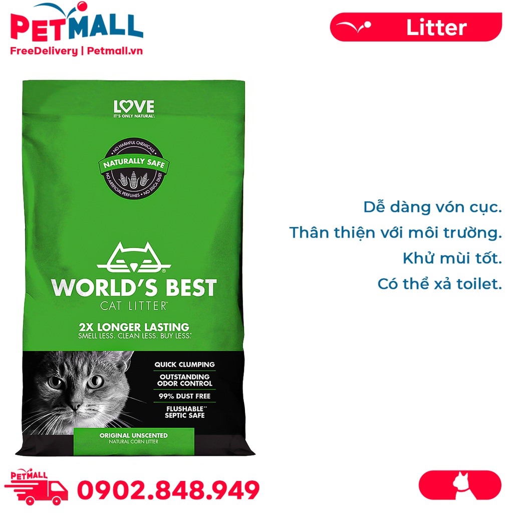 Cát vệ sinh World's Best Unscented 3.1kg - làm từ bắp - Corn Cat Litter