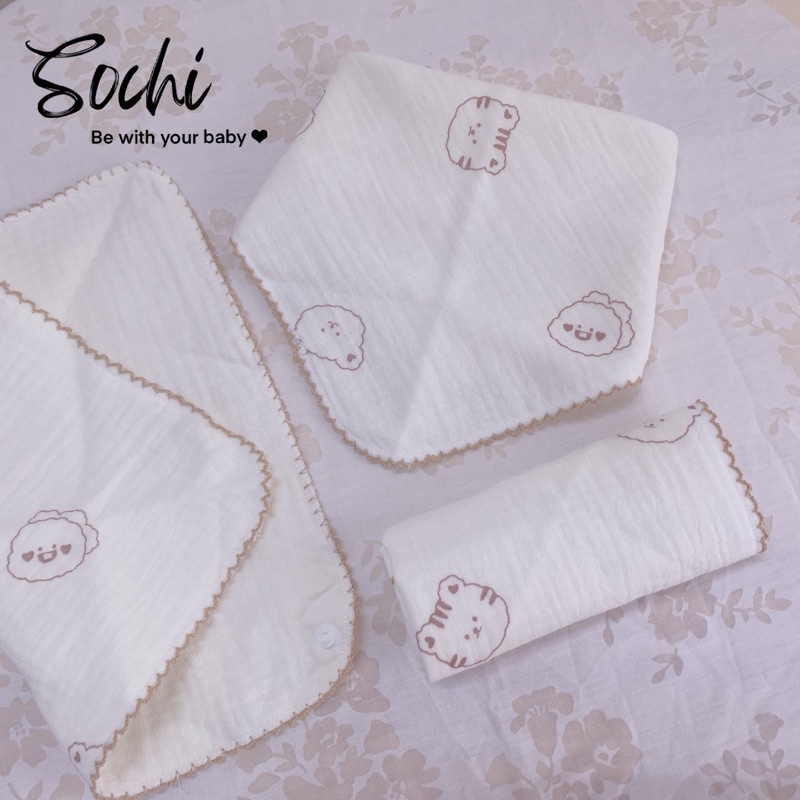 Set 3 khăn yếm giác đa năng vải xô muslin có khuy điều chỉnh họa tiết đáng yêu cho bé SoChi_Kids
