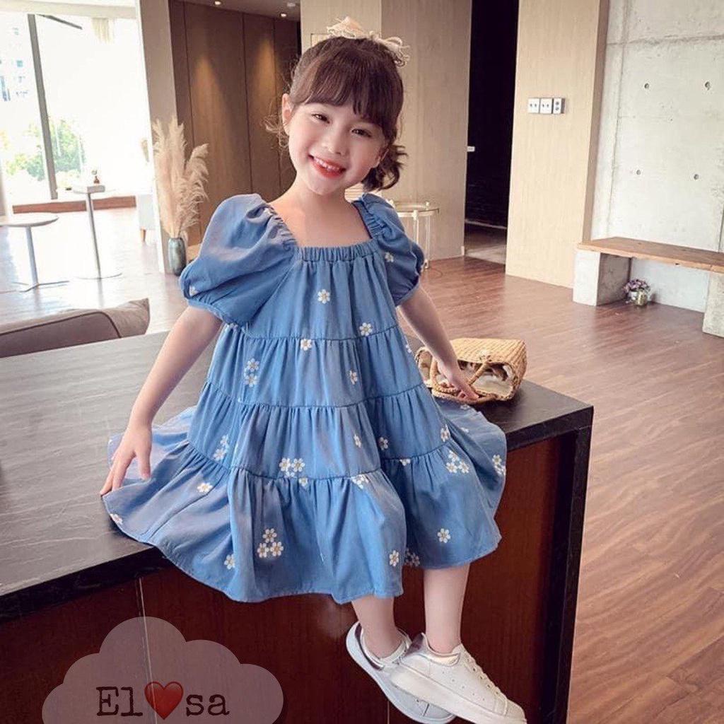 Váy Xòe Cổ Vuông Xanh Biển Tay Bồng Siêu Xinh Cho Bé Gái cân nặng 8-25kg