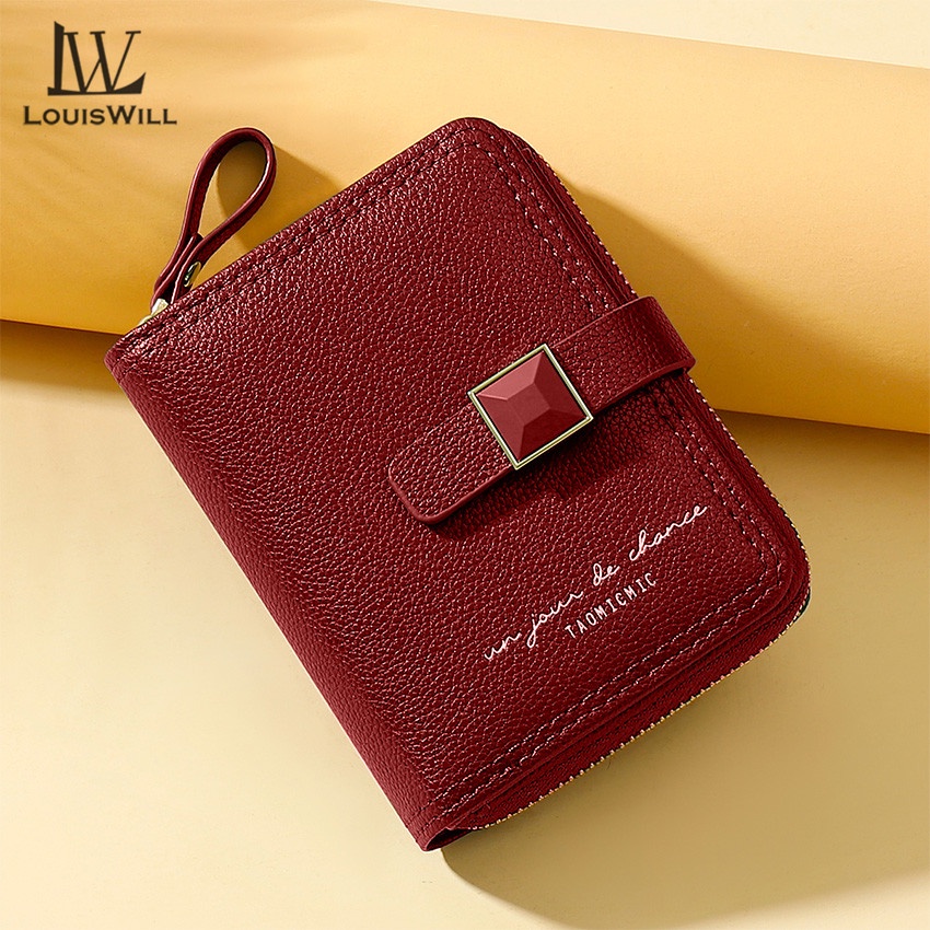 Ví da PU LOUISWILL dáng ngắn đa năng có 11 ngăn đựng thẻ/ tiền xu phong cách retro thời trang cho nữ