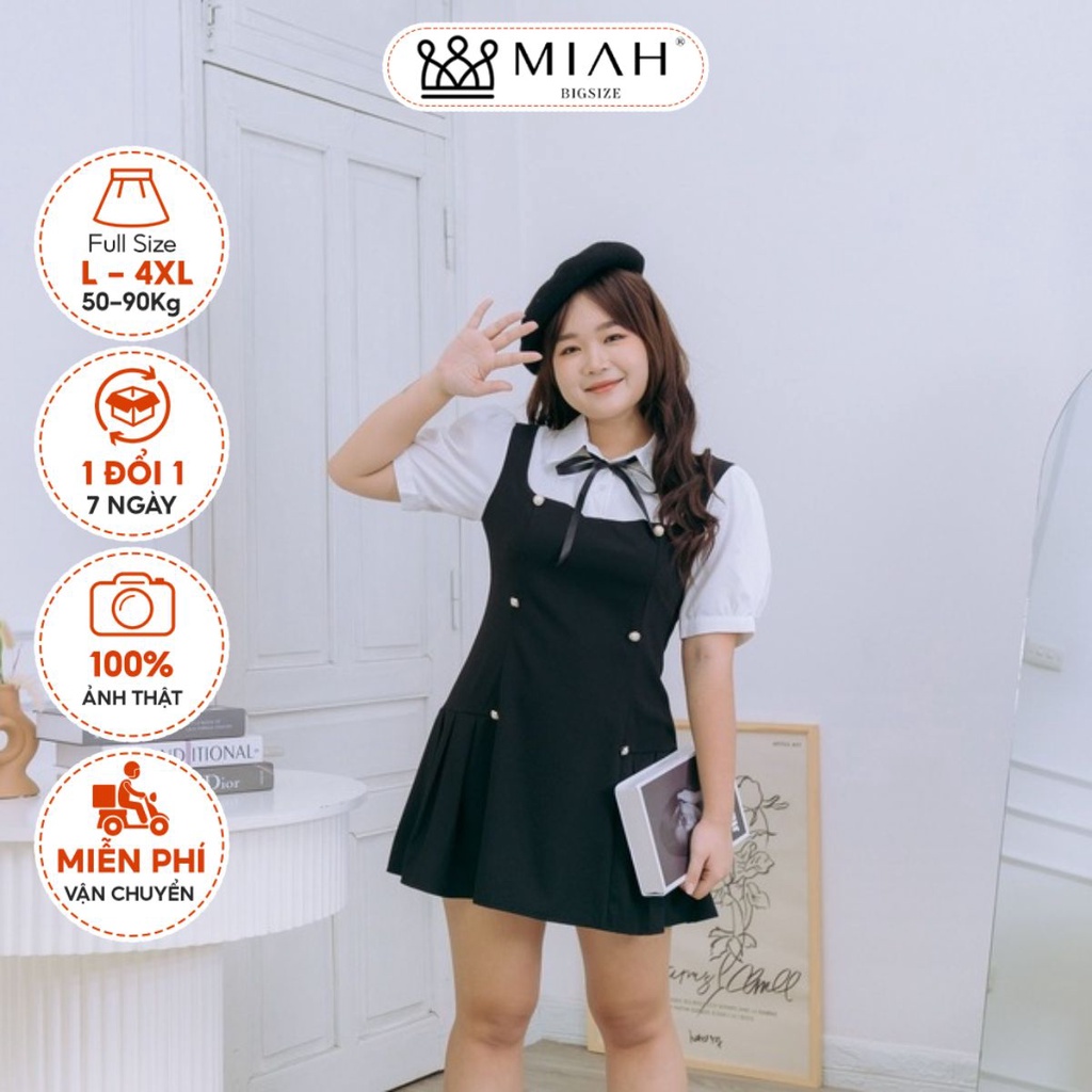 Đầm bigsize nữ váy thiết kế phối cổ nơ đen trắng New Day 50-90kg đi tiệc đi chơi cafe dạo phố MIAH DA0009