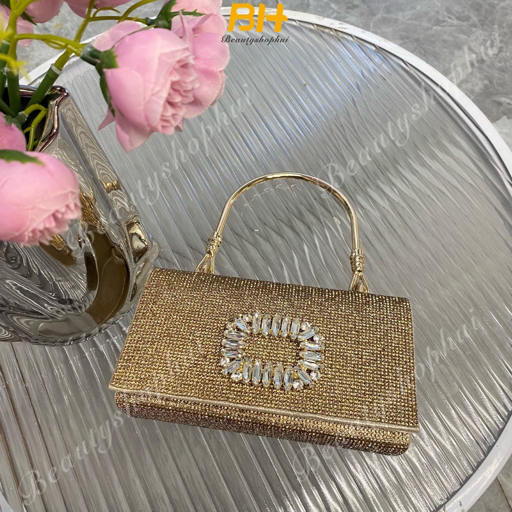 Túi Đeo Chéo Hình Vuông Cỡ Nhỏ Đính Đá Lấp Lánh Sang Trọng Kèm Dây Đeo Sợi Xích Thời Trang Cho Nữ