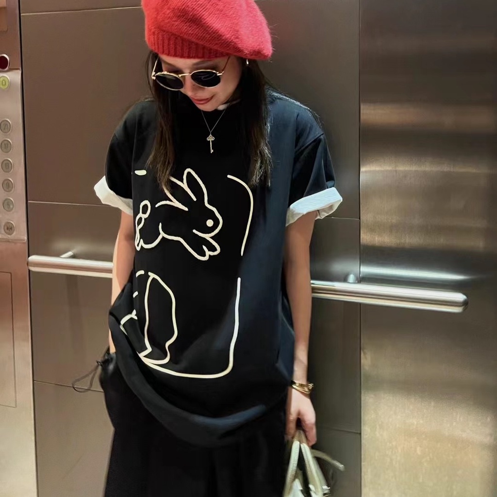 Áo thun SUXI tay ngắn cổ tròn dáng rộng in họa tiết đơn giản thời trang mùa xuân cho nữ