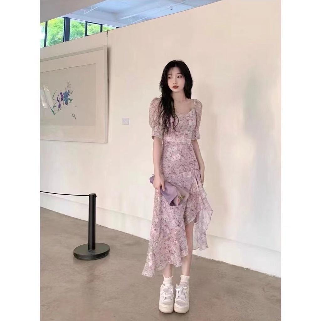Đầm Hoa Cổ Vuông Dáng Dài Xẻ Tà Thời Trang Mùa Hè 2023 Phong Cách Pháp Cho Nữ