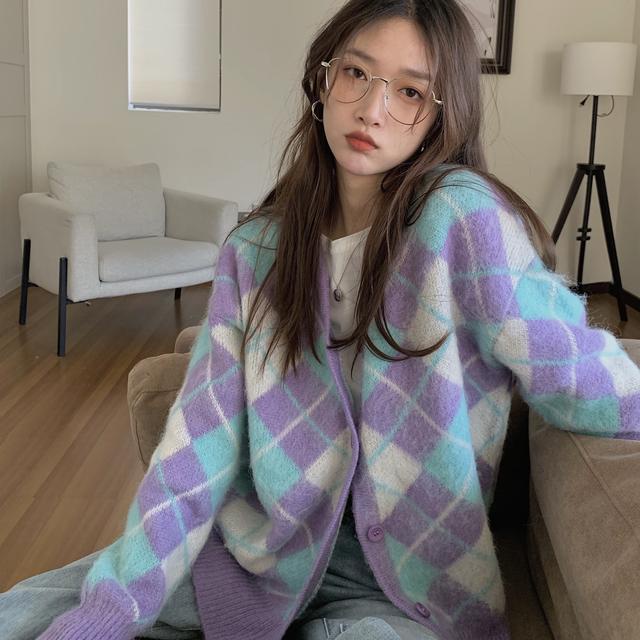 áo len nữ form rộng tăm cộc tay trễ vai mỏng cổ lọ áo khoác carigan thom browne local brand ngắn tay dày hàn quốc tay phồng dáng dài Áo khoác cardigan nữ len lông thỏ Quảng châu form rộng màu tím họa tiết con thoi phong cách hàn quốc