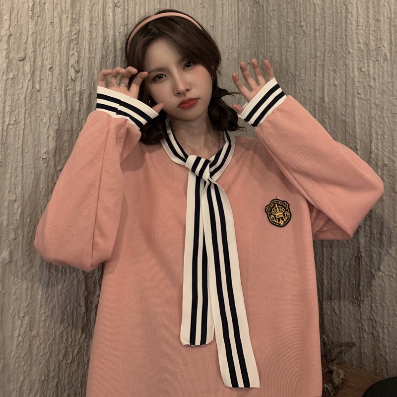 Áo Nỉ Dài Trung Bình Dáng Rộng Thắt Cà Vạt Phong Cách Đại Học Mùa Thu