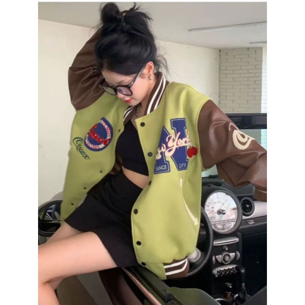 Áo khoác bomber áo bóng chày xanh bơ hàng Quảng Châu tay phối da cool ngầu