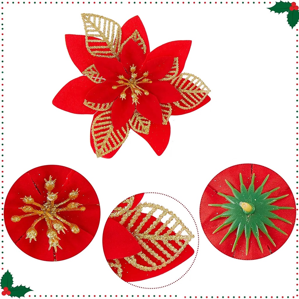 Bộ 5 Bông Hoa Lụa Ba Lớp Lấp Lánh Trang Trí Cây Thông Giáng Sinh Năm Mới