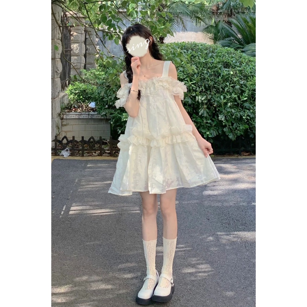 Đầm Trắng Công Chúa V042 2 tầng hở vai 2 dây dáng xòe Váy ngắn thiết kế trễ vai sang trọng Vintage Tiểu Thư