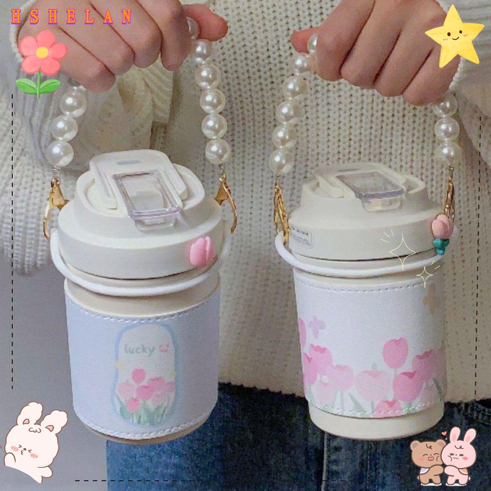 HSHELAN Ly cà phê sữa chống rò rỉ Bình Nước Giữ Nhiệt 450ml Bằng Thép Không Gỉ Họa Tiết Hoa Tulip Kèm Ống Hút Tiện Dụng