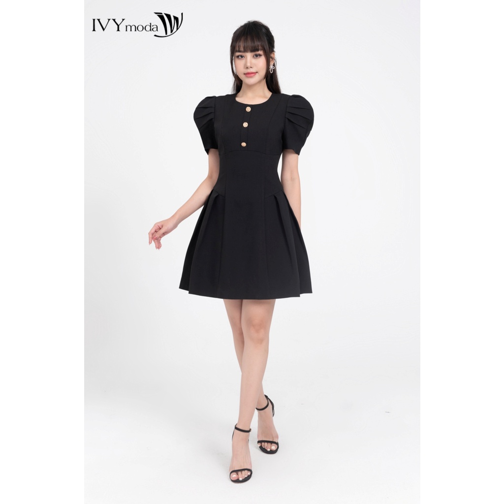 Đầm xòe tay xếp ly phồng nữ IVY moda MS 48M8176