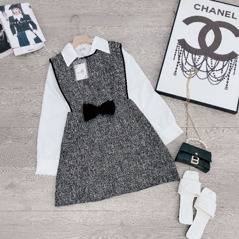 Set váy dạ sơ mi phối nơ 🎀