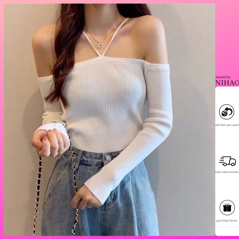 Áo Thun Nữ Nihao Mẫu Trễ Vai Tay Dài Hai Dây Mảnh Chéo Trên Cổ Phong Cách, Áo Kiểu Nữ Chất Vải Tốt Mặc Đẹp