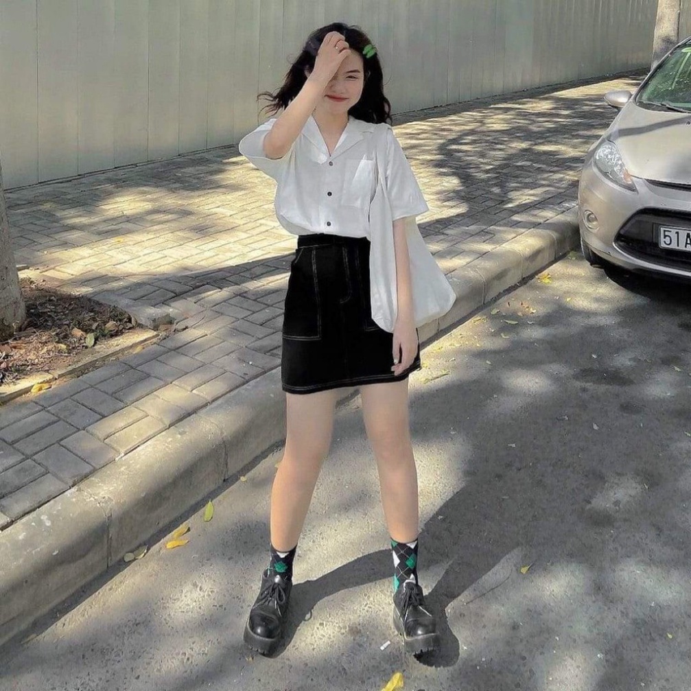 Bộ Chân Váy Demin Chữ A Kèm Áo Sơ Mi Trắng Nữ Cộc Tay Hanie Store