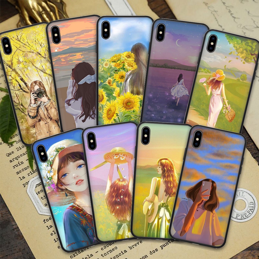 Ốp Lưng Silicone HọA TiếT Tranh Sơn DầU HìNh Cô GáI Dễ Thương Cho iPhone 5 5s SE 6 6S 6Plus 6sPlus 7 7Plus 8 8Plus 20ii8
