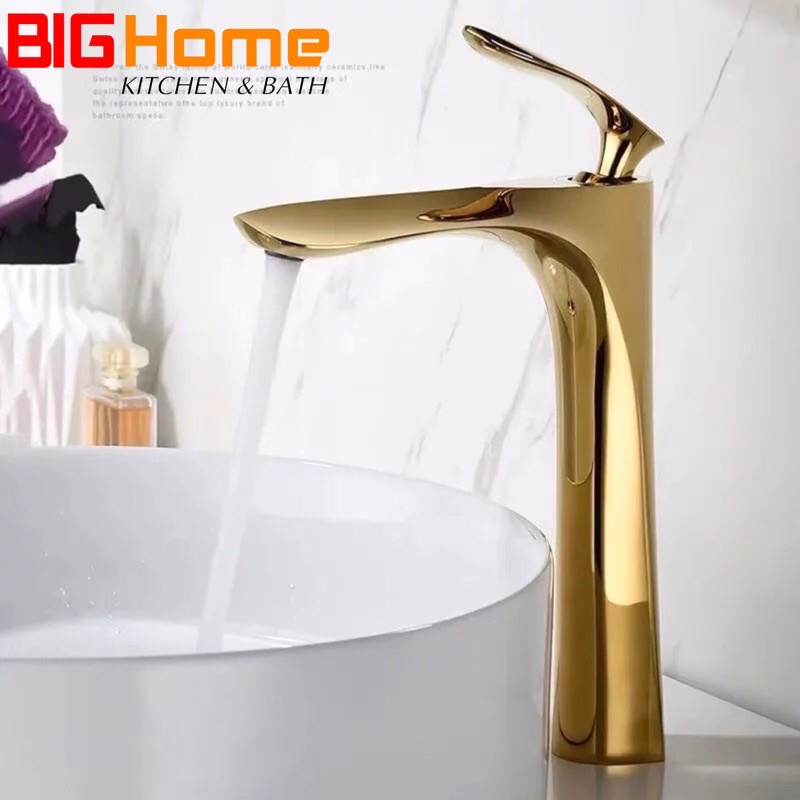 Vòi lavabo, vòi lavabo mạ vàng, vòi lavabo lá bồn rửa mặt nóng lạnh kiểu dáng lá liễu bằng đồng mạ 30cm dành cho bàn đá