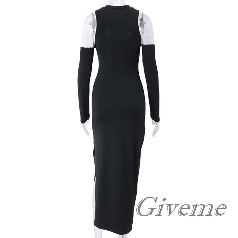 Đầm Body Tay Dài Cổ Tròn Màu Đen Trơn Thiết Kế Khoét Vai Quyến Rũ