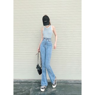 Quần jean ống loe lưng cao màu trơn cơ bản , sang chảnh siêu hack dáng