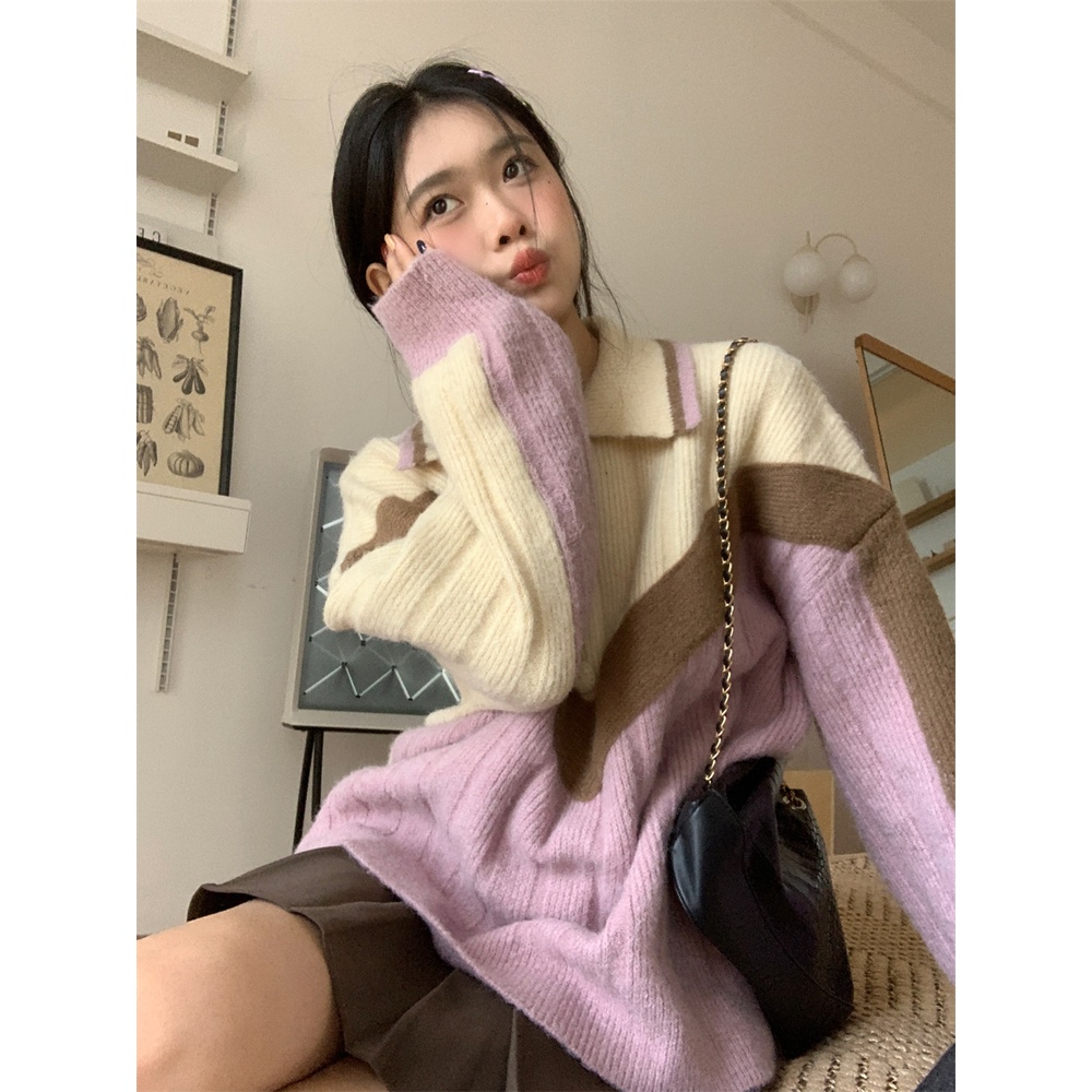 ZHELIHANGFEI Áo Sweater Cổ POLO Tay Dài Dáng Rộng Phong Cách Preppy