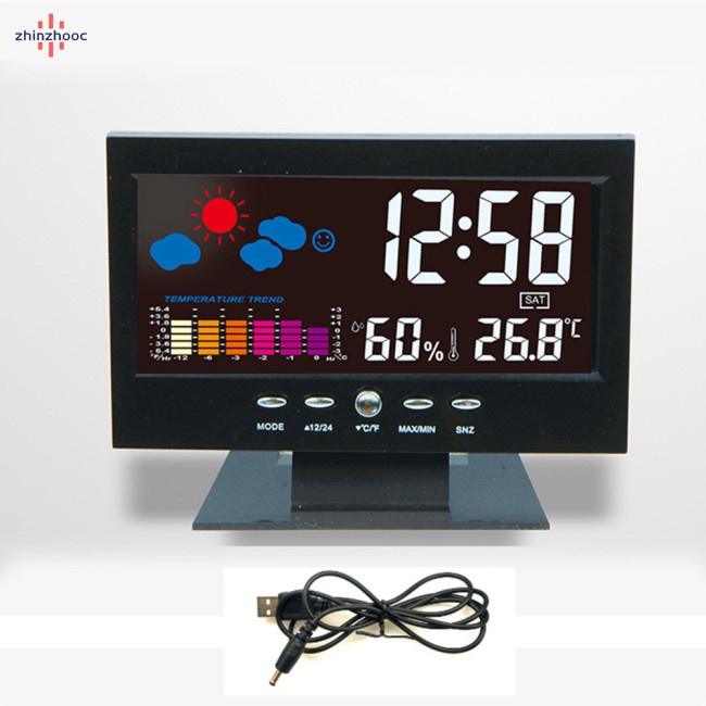Đồng Hồ Báo Thức Điện Tử Màn Hình LCD Hiển Thị Nhiệt Độ Và Cảm Biến Thời Tiết Để Bàn