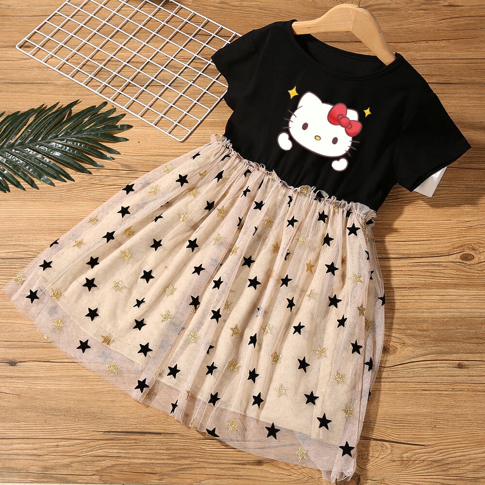 Đầm Công Chúa Tay Ngắn In Họa Tiết Hoạt Hình Mèo kitty Dễ Thương Thời Trang Mùa Hè Cho Bé Gái