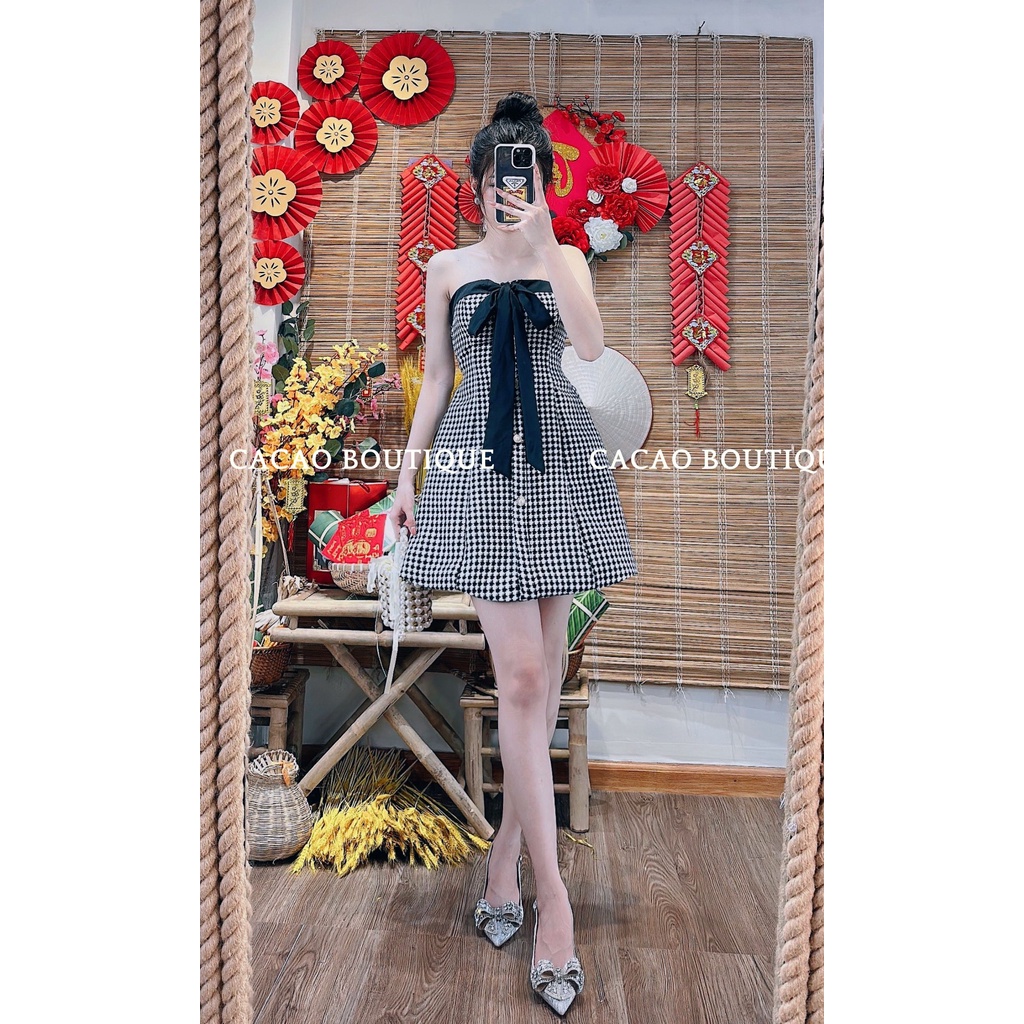 Đầm đi tiệc, đi chơi cúp ngực sang trọng, tôn dáng 2 lớp với chất bố dạ phối nơ màu đỏ đô và đen