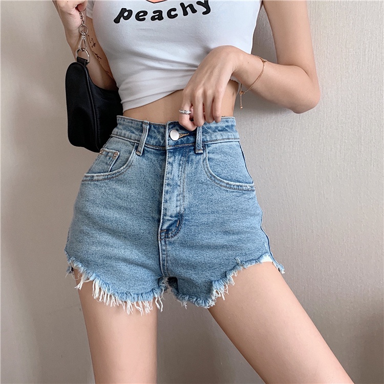 Quần Short Denim Lưng Cao Xanh Nhạt Rách Gấu Sexy Cho Nữ, Quần Jeans Ngắn Phong Cách Gợi Cảm Hutsle All Day