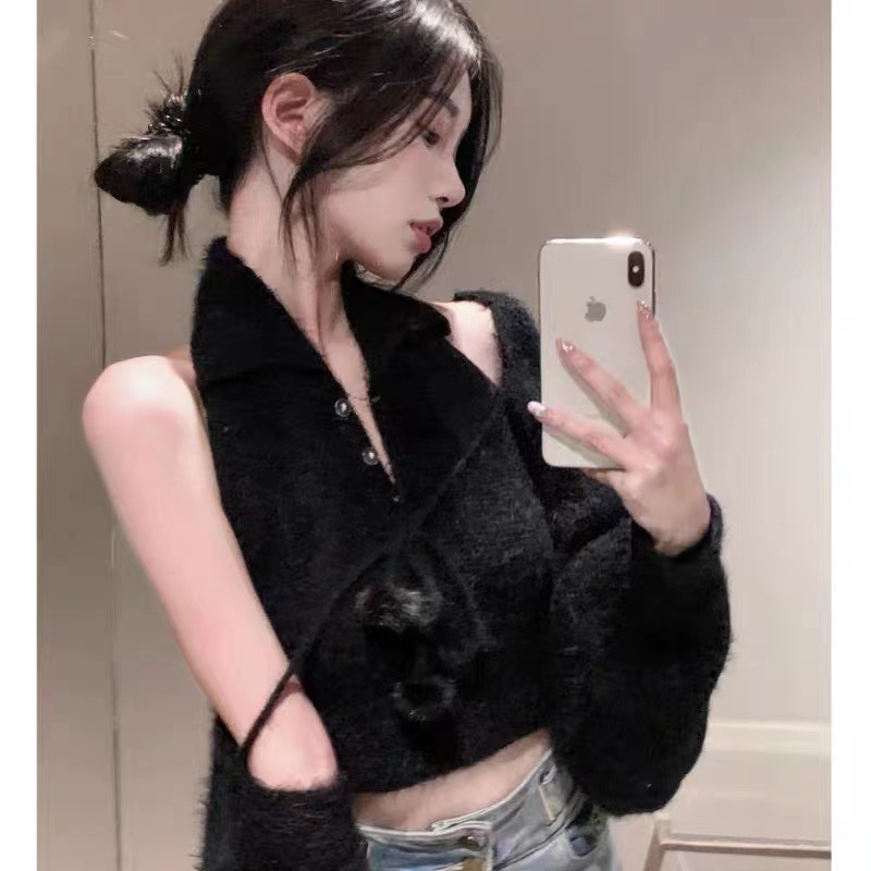 DUNEA Áo Tank Top Hai Dây Cột Dây + Áo Cardigan Tay Dài Phong Cách Hàn Quốc Cho Nữ