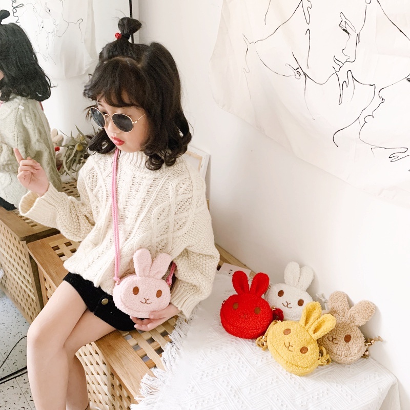 Túi Đeo Chéo Bằng Vải Bông Mềm Hình Thỏ Dễ Thương Có Khóa Kéo Cho Bé Gái