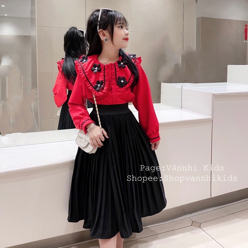 Set sơmi bèo Tiểu Thư đính hoa xinh sang cho bé size đại 17kg-42kg