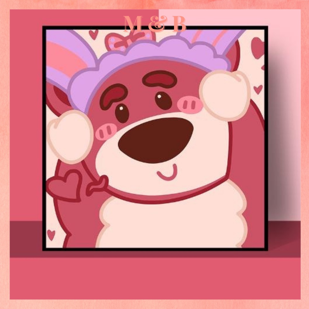 Tranh số hóa 20x20, Tranh Tô Màu gấu Lotso Strawberry bear gấu dâu hồng tặng kèm bộ màu và bút vẽ