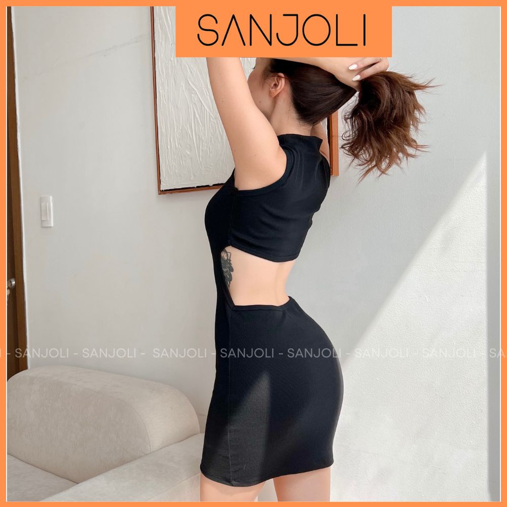 Váy Body Đi Biển SANJOLI Đầm Body Sát Nách Khoét Lưng Eo Kiểu Nữ Dáng Ngắn Thiết Kế Thun Gân Ulzzang Đi Chơi VDE024