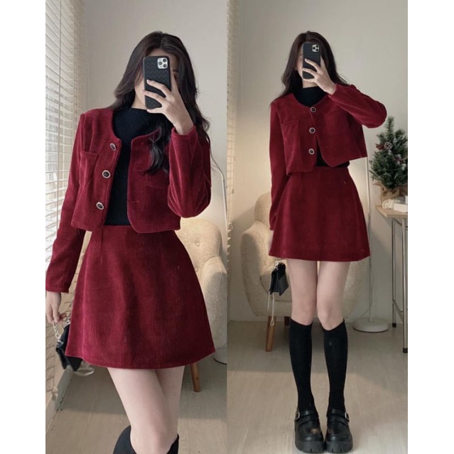 Set dạ đỏ nhung tăm phối viền đen dày dặn áo khoác croptop kèm chân váy xòe có lót trong tiểu thư ulzzang Hàn Quốc 595