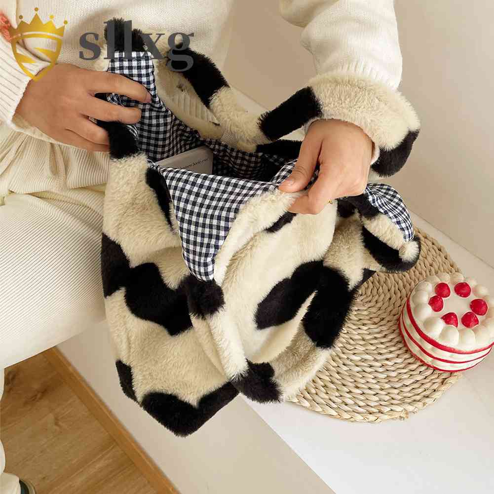 Túi Tote Đeo Vai Mùa Đông Kích Thước Lớn Họa Tiết Trái Tim Bằng Vải Lông