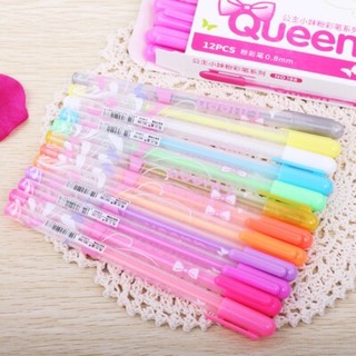 Set 12 Bút gel màu Queen bút nhũ bút dạ quang bút nhiều màu mực gel nước bút văn phòng bút ký tên thiệp chúc mừng