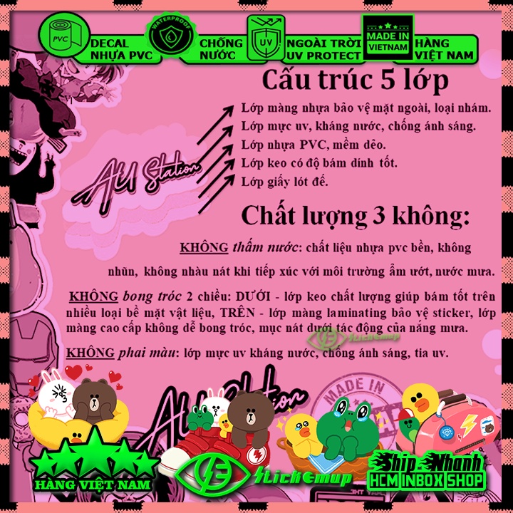 Sticker Hình dán chủ đề LINE cute - Hàng VN, chất liệu decal nhựa pvc, không thấm nước, dán xe, nón bh, vali