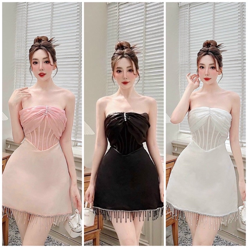 ĐẦM XOÈ CÚP NGỰC NHŨ ÁNH KIM KẾT TUA RUA PHA LÊ TẶNG KÈM HOA TAI THỜI TRANG