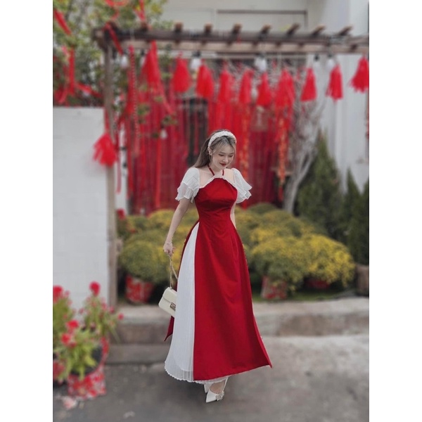 set áo dài cổ yếm nhung đỏ xếp ly